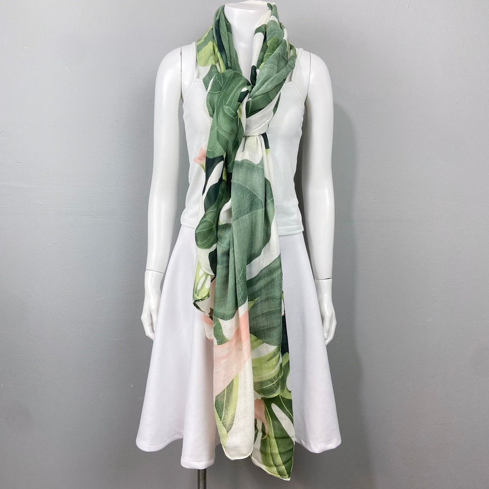 Virginia Wolf Scarf Green Botanical Monstera Leaf Tropical Printed Wrap Shawl